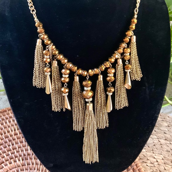 Two Stunning Golden Bronze NECKLACES Gold TASSEL  ⭐️GLASS FACETED BEAD - Picture 8 of 17